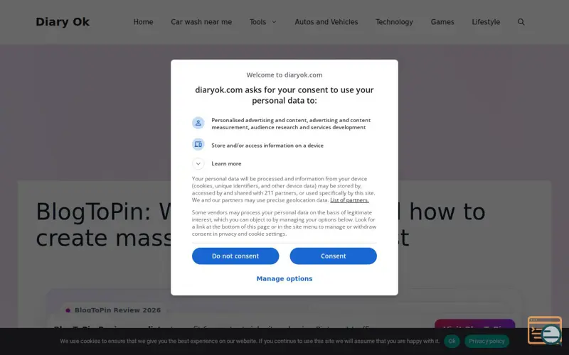 Screenshot of Blogtoping, a launch using Cookie Notice