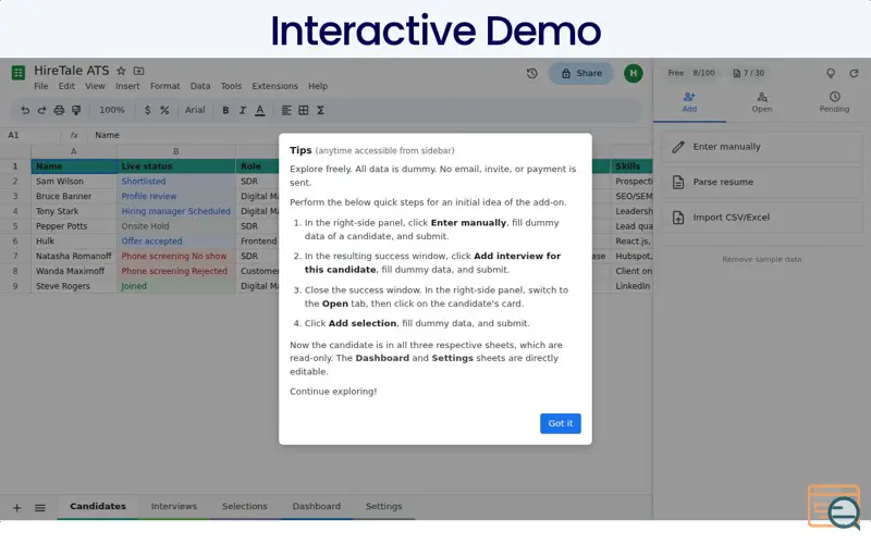 Screenshot of Candidates Tracking Demo