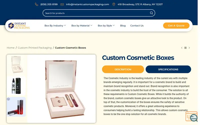 Screenshot of Custom Cosmetic Boxes by ICP
