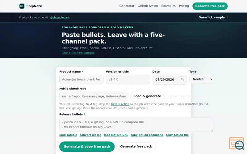 Screenshot of ShipNote - Messy release bullets → publish-ready pack