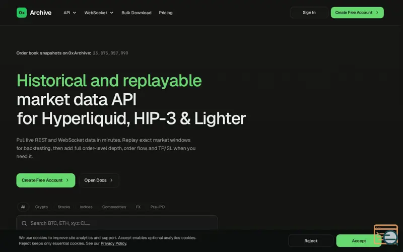 Screenshot of 0xArchive, a launch using Tidio