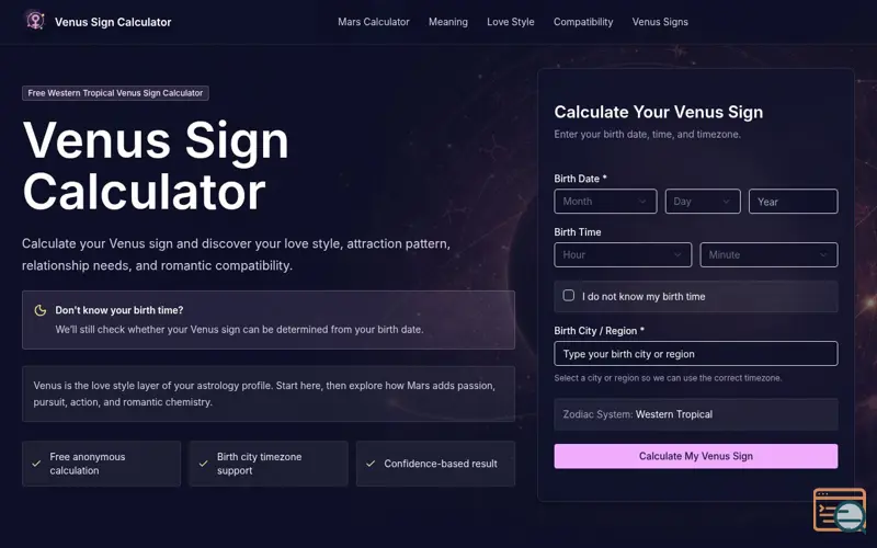 Screenshot of venus sign calculator