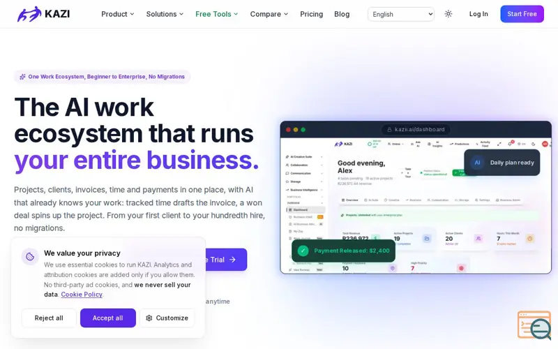 Screenshot of KAZI: The AI work ecosystem that runs your entire business, a launch using StackBlitz WebContainer