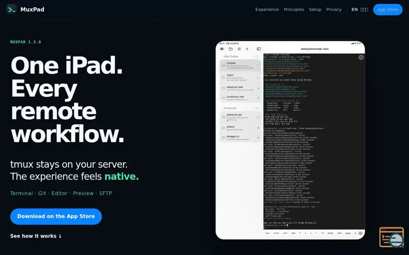 Screenshot of MuxPad — Native tmux terminal for Apple