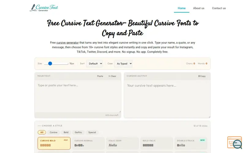 Screenshot of cursive-text-generator.com