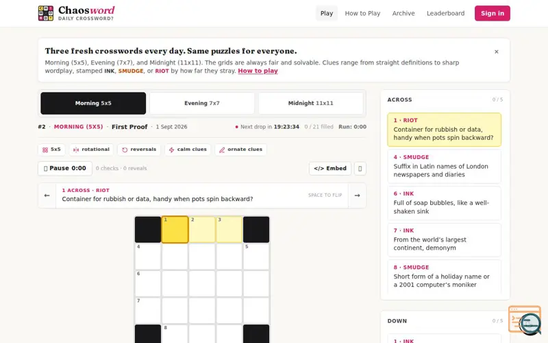 Screenshot of Chaosword: the daily crossword with a feral editor