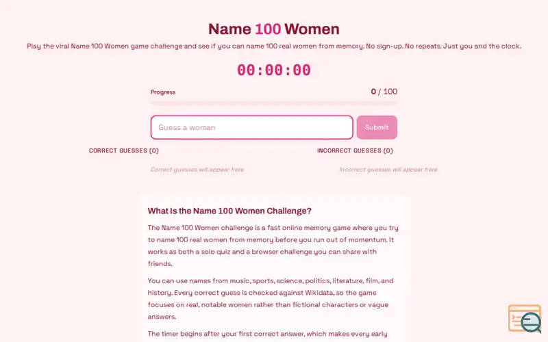 Screenshot of Name 100 Women, a launch using PickApps