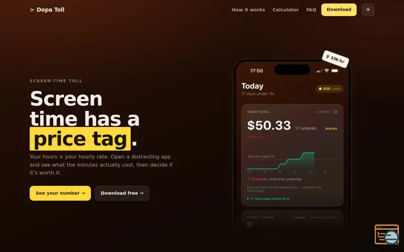 Screenshot of Dopa Toll — Your hours × your hourly rate.