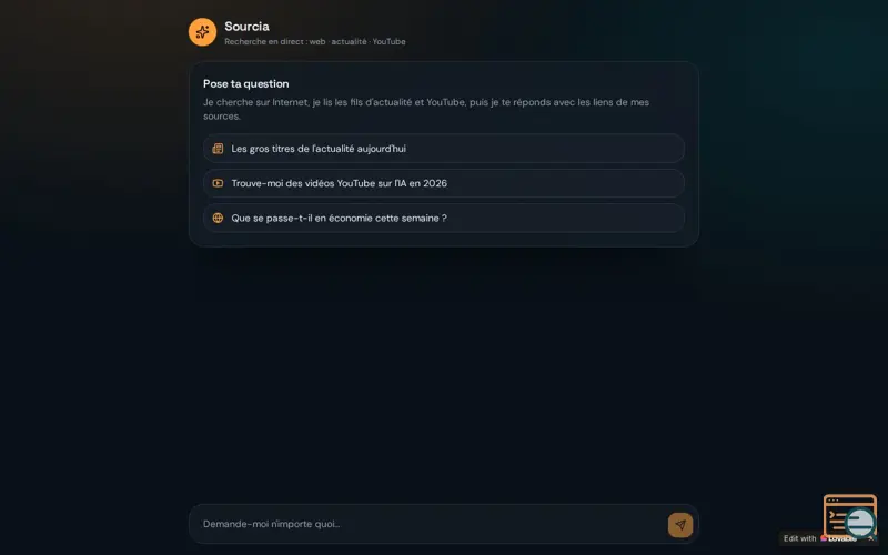 Screenshot of Sourcia — Chatbot de recherche