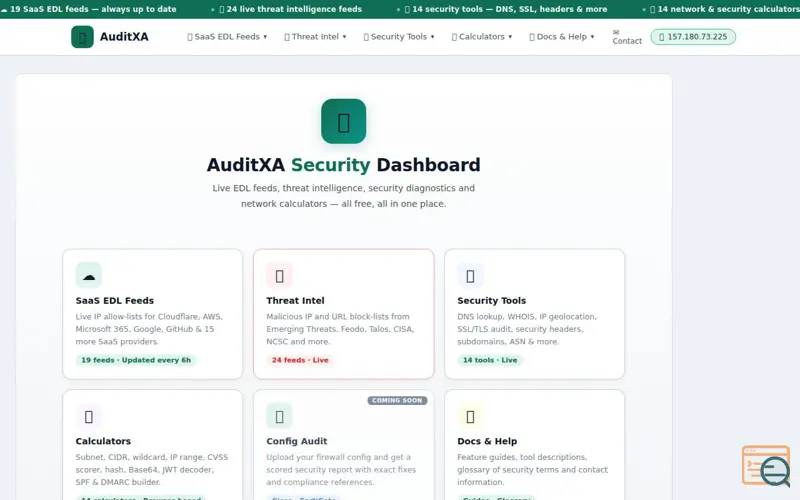 Screenshot of AuditXA — Security Dashboard, a launch using Verisign RDAP