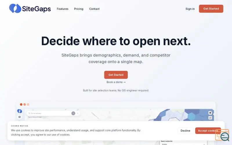 Screenshot of SiteGaps, a launch using Geoapify