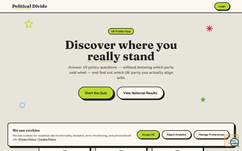 Screenshot of Political Divide UK Quiz, a launch using HostNS Email