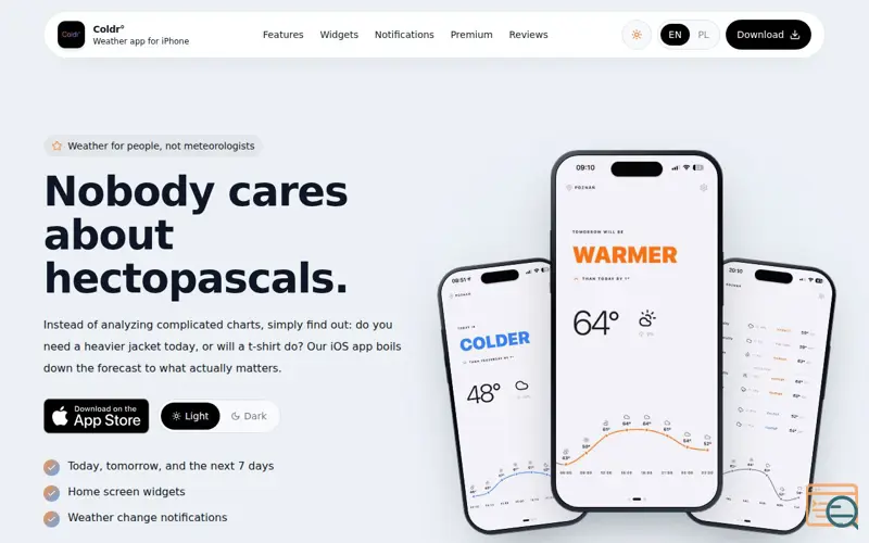 Screenshot of Coldr - Weather made obvious, a launch using SeoHost