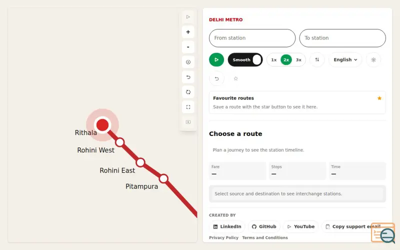 Screenshot of Delhi Metro Route Planner