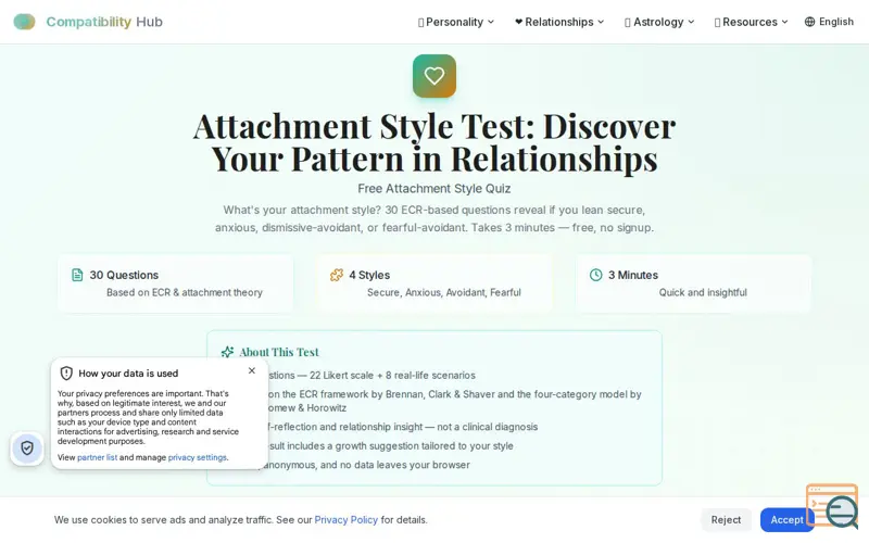 Screenshot of Attachment Style Test, a launch using My Launch Stash