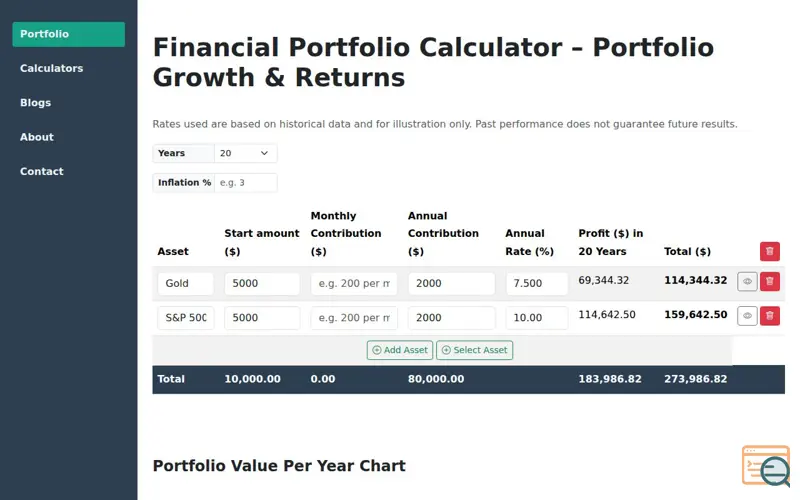 Screenshot of Multi-Asset Portfolio Calculator, a launch using ASPCloudHost DNS