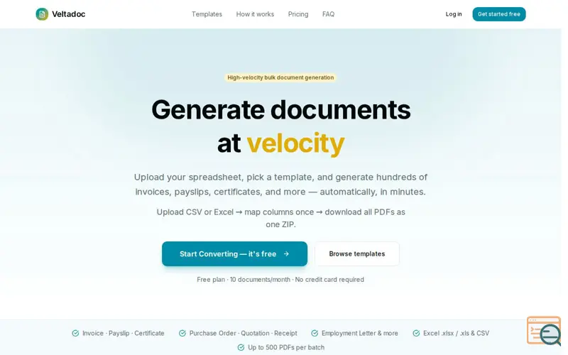 Screenshot of Bulk PDF Generator from Excel & CSV — Invoice, Payslip, Certificate & More