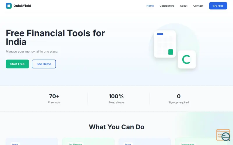 Screenshot of 50+ Free Financial Calculators for India | QuickYield