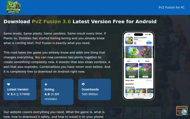 Screenshot of Pvzfusionandroid.com