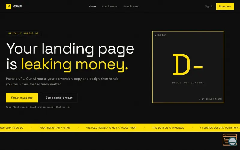 Screenshot of ROAST — your landing page  leaking money