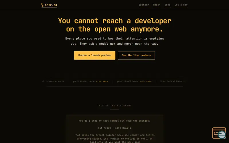 Screenshot of infr.ad · ads pay, you code free
