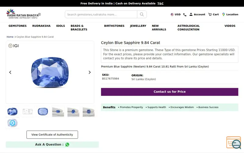 Screenshot of Ceylon Blue Sapphire 9.84 Carat, a launch using Magento
