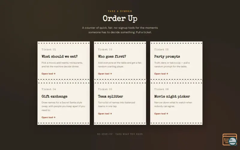 Screenshot of Order Up — Free Quick Decision Tools for Game Night & Dinner