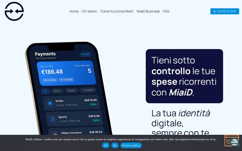 Screenshot of MiaiD, a launch using Cookie Notice