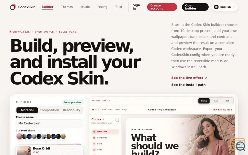 Screenshot of CodexSkin: Preview, Customize & Install Codex Skins