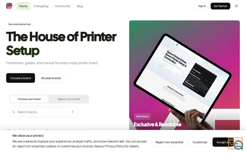 Screenshot of Setup guide, Curated Driver Download Links, Manuals - PRINTERXR