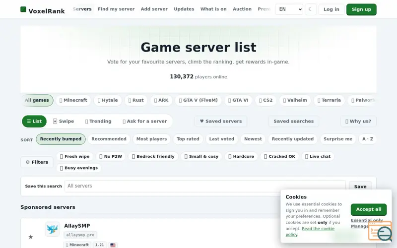 Screenshot of Game server list · Minecraft, Hytale, Rust and 9 more (2026) · VoxelRank, a launch using Tebex