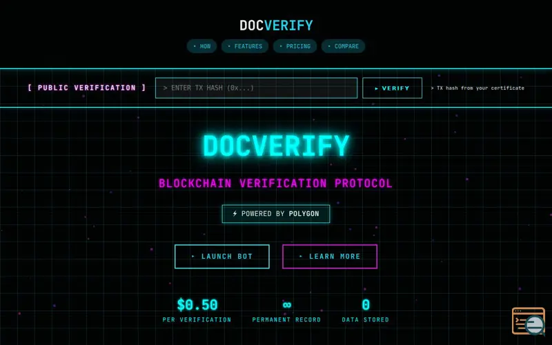 Screenshot of DocVerify — CYBERPUNK NOTARY