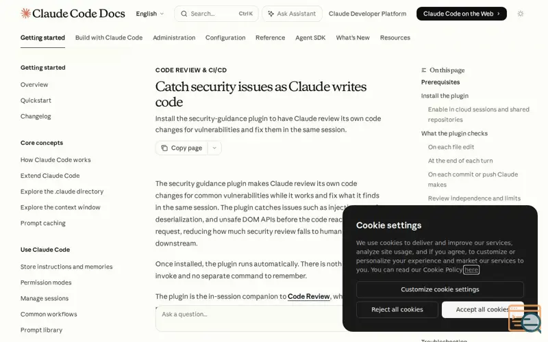 Screenshot of Claude Code Security Guidance, a launch using Mintlify