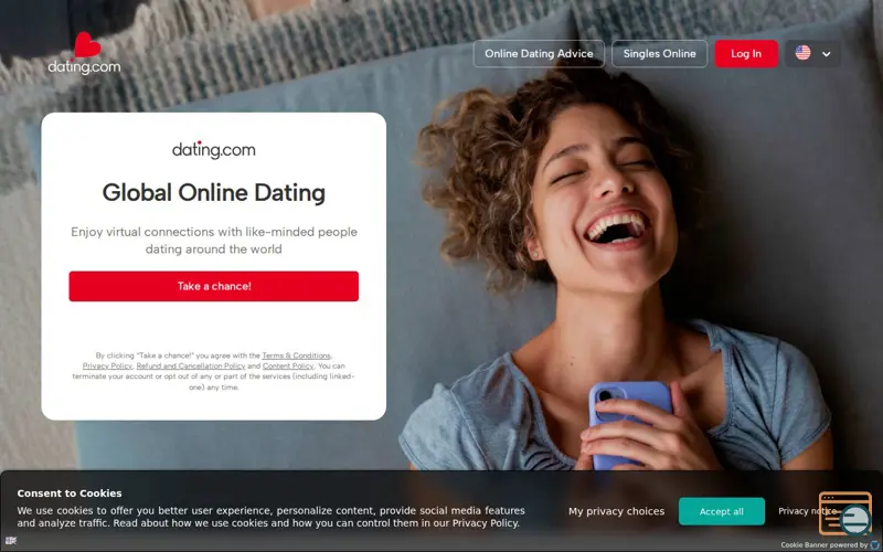 Screenshot of Dating.com, a launch using Consentmanager