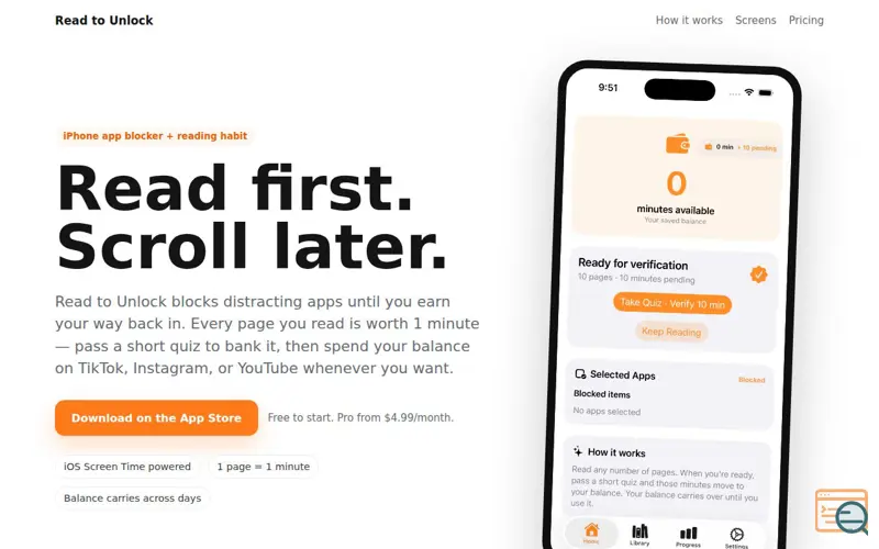 Screenshot of ReadtoUnlock — Read first. Scroll later