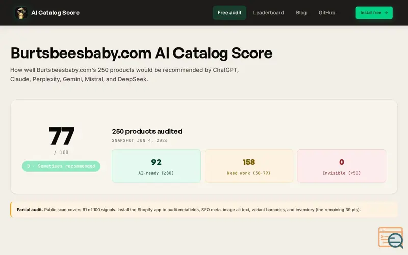 Screenshot of Aicatalogscore