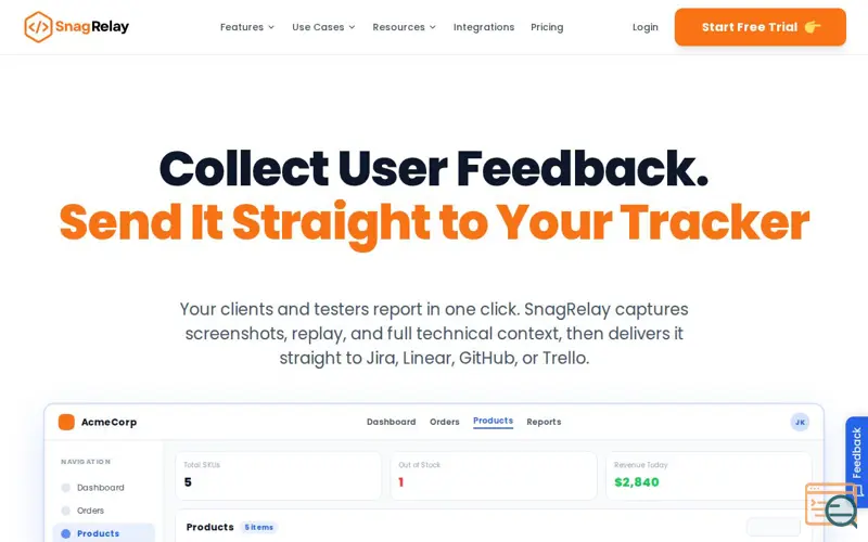 Screenshot of SnagRelay