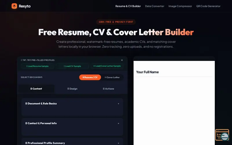 Screenshot of Free Resume, CV & Cover Letter Builder
