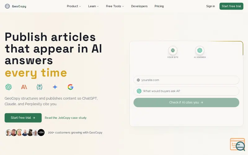 Screenshot of GeoCopy — Appear in AI answers.