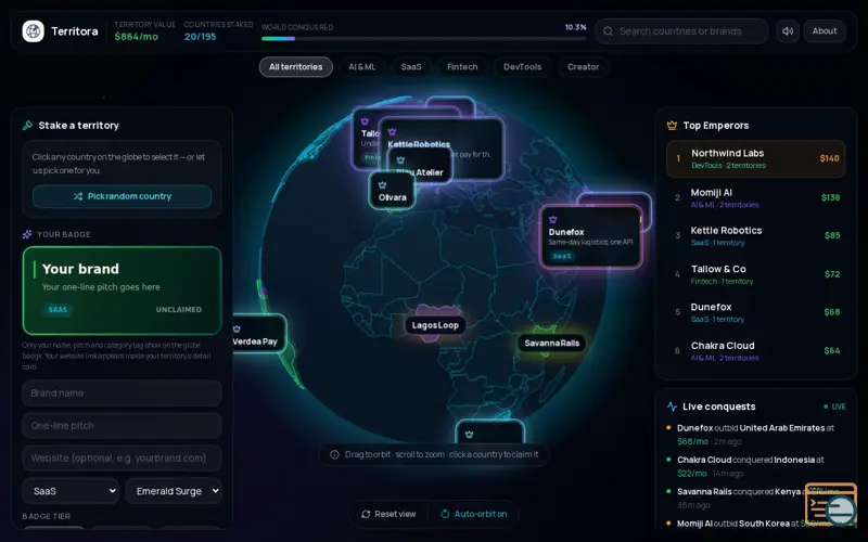 Screenshot of Territora —Live territory conquest globe