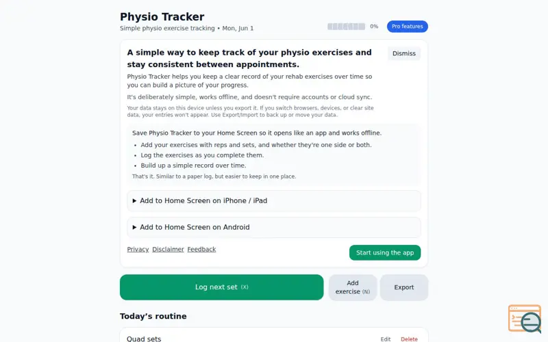 Screenshot of Physio Tracker
