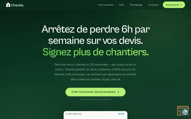 Screenshot of Chantiq | Devis artisan BTP en 2min avec l'IA + WhatsApp
