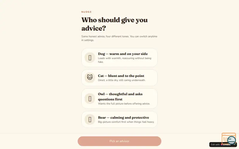 Screenshot of Nudge — pick your relationship advisor