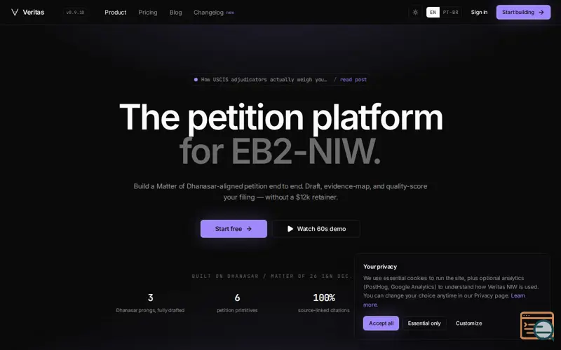 Screenshot of Veritas NIW — EB2