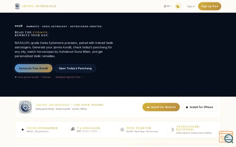 Screenshot of Aroha Astrology