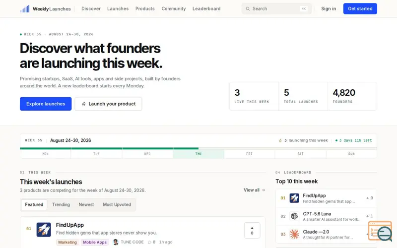 Screenshot of Weekly Launches — Discover what founders are launching this week