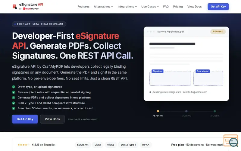 Screenshot of eSignature API - Legally Binding E-Signatures for Developers | eSignature API