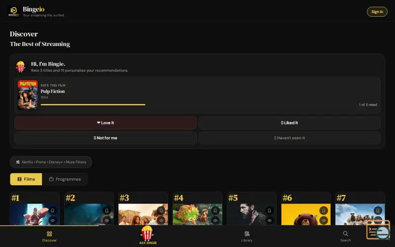 Screenshot of Bingeio, a launch using ElevenLabs