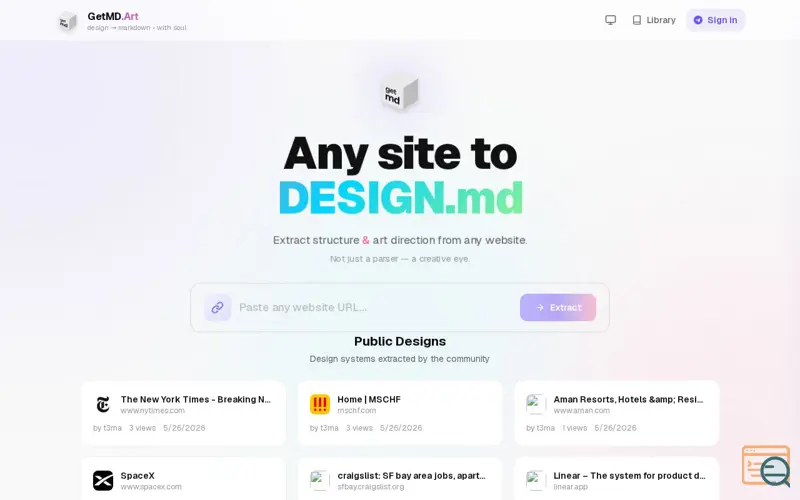 Screenshot of GetMD.Art — Any website into DESIGN.md
