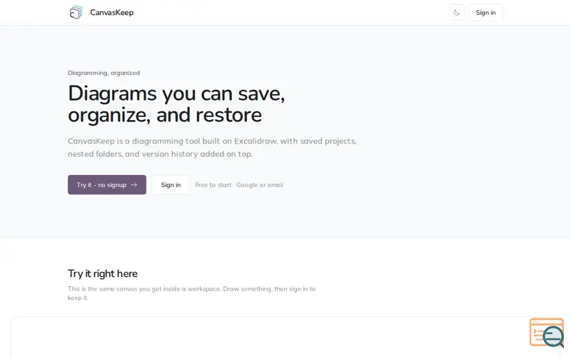 Screenshot of CanvasKeep — Diagrams you can save, organize, and restore